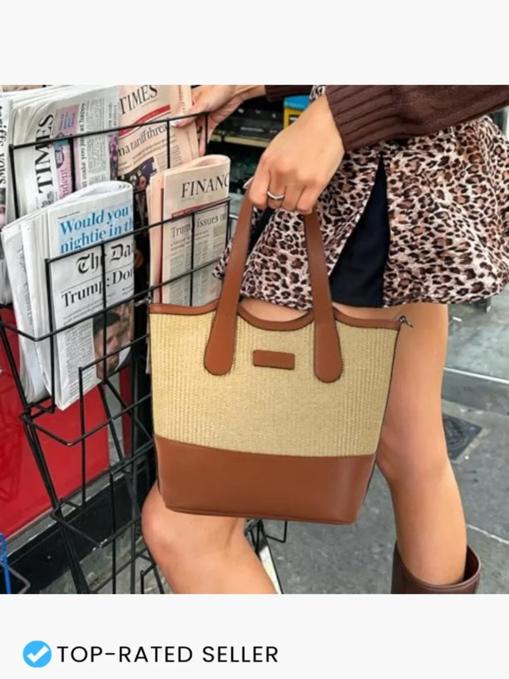Straw Woven Vegan Leather Bucket Tote Bag Crossbody Shoulder Handbag Travel